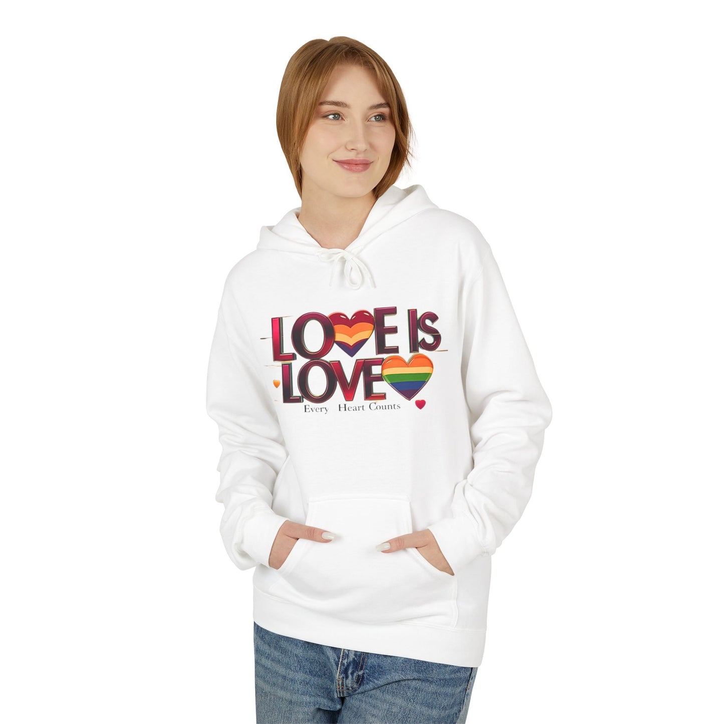 Love is Love Fleece Hoodie, Unisex LGBTQ Pride Apparel, Cozy Casual Wear, Gift for Him or Her, Rainbow Heart Design