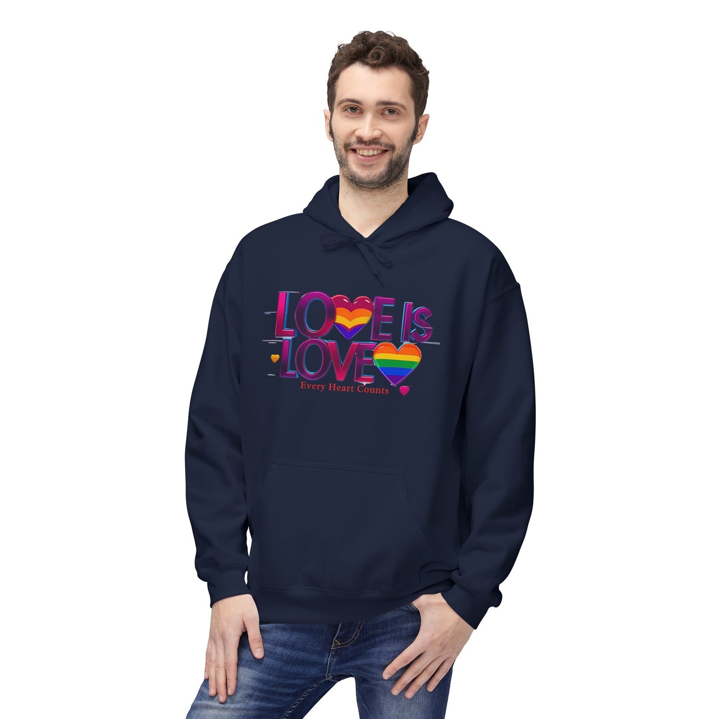 Pride Fleece Hoodie, Love is Love LGBTQ Apparel, Unisex Hoodie for Spring, Cozy Gift, Rainbow Heart Design, Warm Layer
