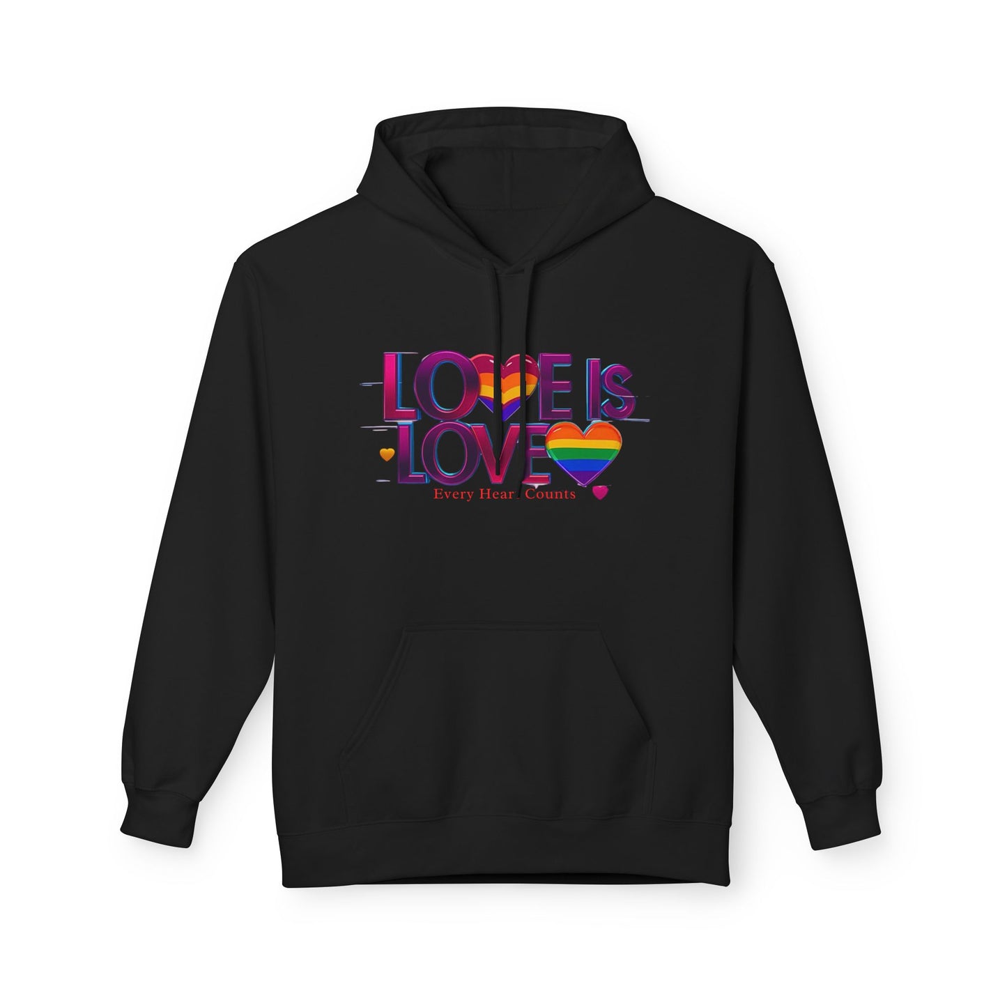 Pride Fleece Hoodie, Love is Love LGBTQ Apparel, Unisex Hoodie for Spring, Cozy Gift, Rainbow Heart Design, Warm Layer