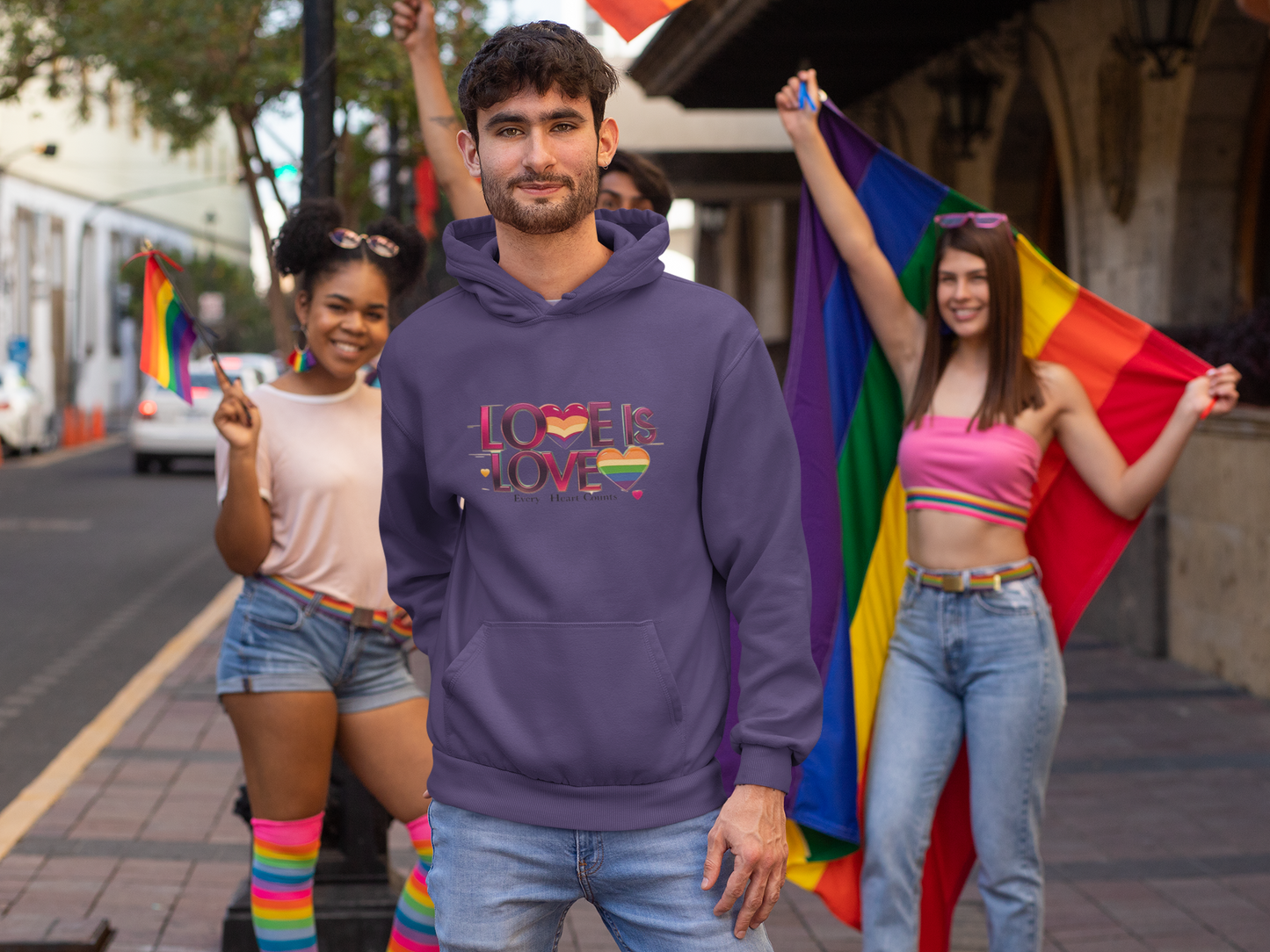Pride Fleece Hoodie, Love is Love LGBTQ Apparel, Unisex Hoodie for Spring, Cozy Gift, Rainbow Heart Design, Warm Layer
