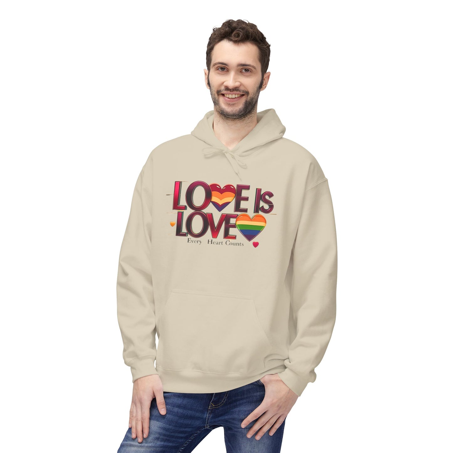 Love is Love Fleece Hoodie, Unisex LGBTQ Pride Apparel, Cozy Casual Wear, Gift for Him or Her, Rainbow Heart Design