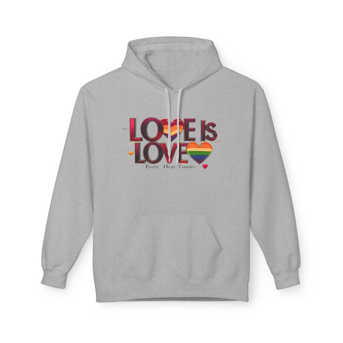 Love is Love Fleece Hoodie, Unisex LGBTQ Pride Apparel, Cozy Casual Wear, Gift for Him or Her, Rainbow Heart Design