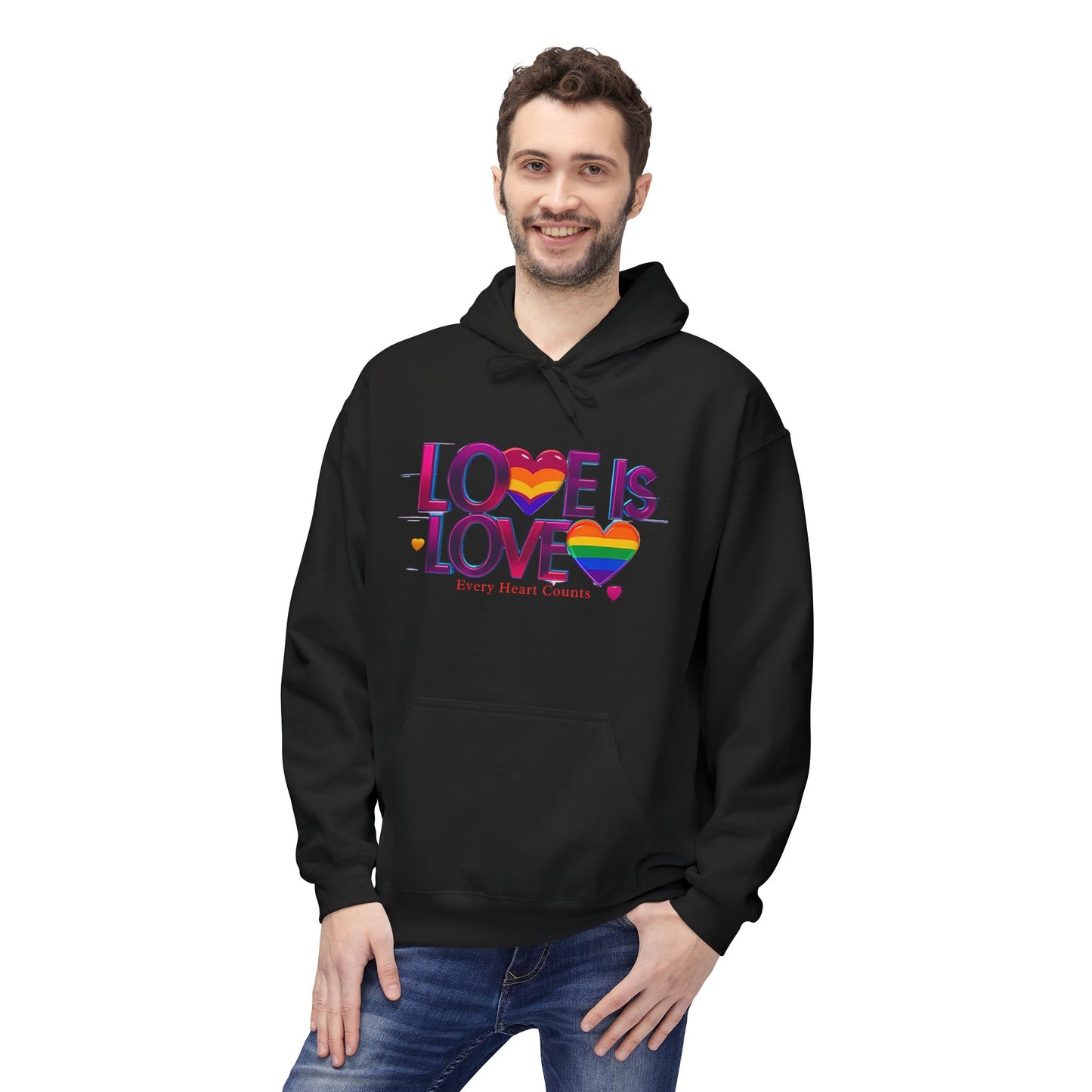 Pride Fleece Hoodie, Love is Love LGBTQ Apparel, Unisex Hoodie for Spring, Cozy Gift, Rainbow Heart Design, Warm Layer