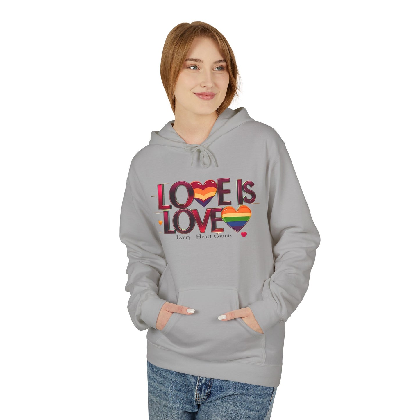 Love is Love Fleece Hoodie, Unisex LGBTQ Pride Apparel, Cozy Casual Wear, Gift for Him or Her, Rainbow Heart Design