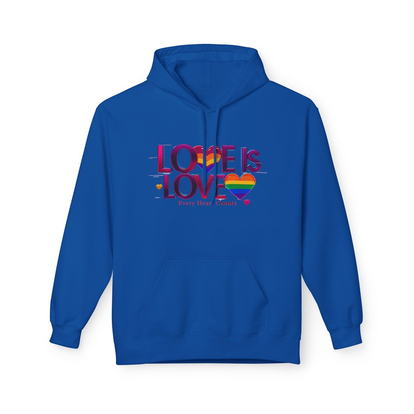 Pride Fleece Hoodie, Love is Love LGBTQ Apparel, Unisex Hoodie for Spring, Cozy Gift, Rainbow Heart Design, Warm Layer