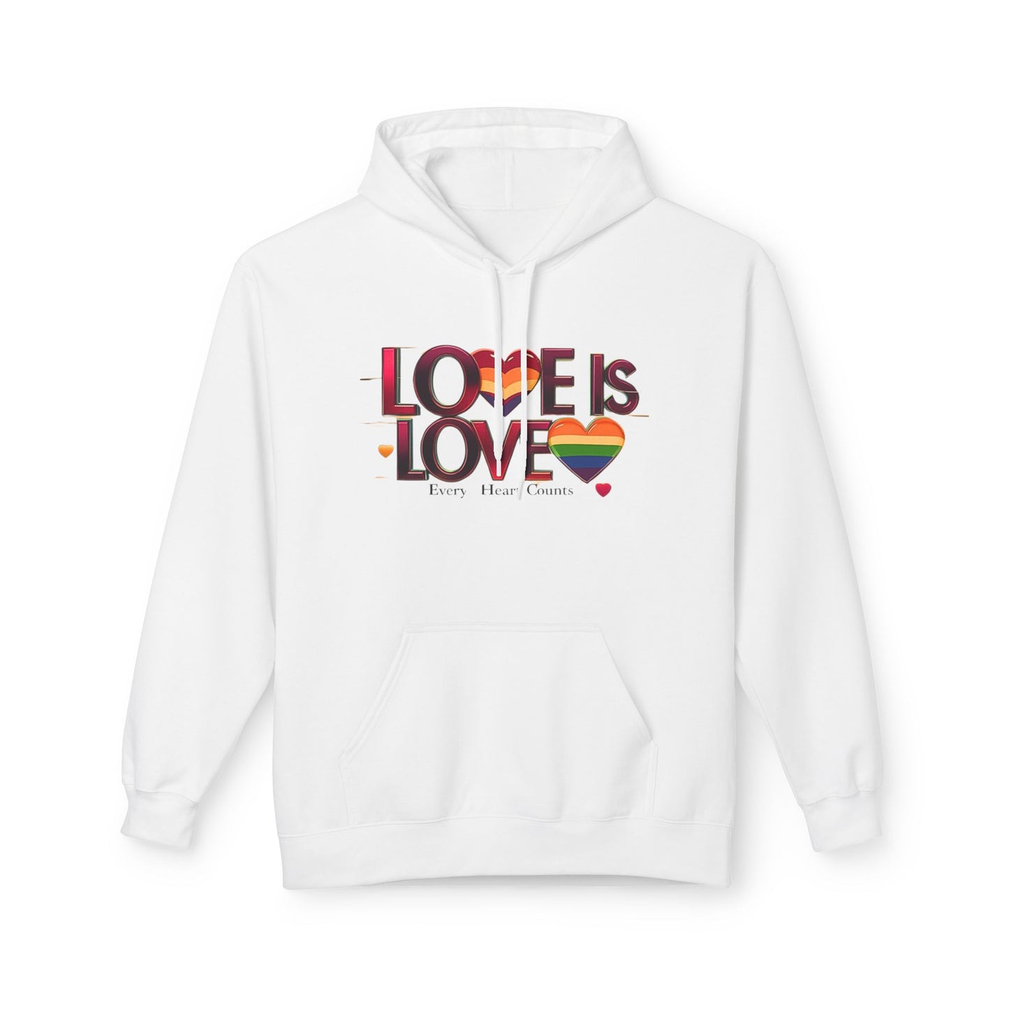 Love is Love Fleece Hoodie, Unisex LGBTQ Pride Apparel, Cozy Casual Wear, Gift for Him or Her, Rainbow Heart Design