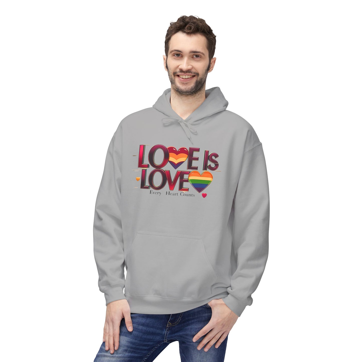 Love is Love Fleece Hoodie, Unisex LGBTQ Pride Apparel, Cozy Casual Wear, Gift for Him or Her, Rainbow Heart Design