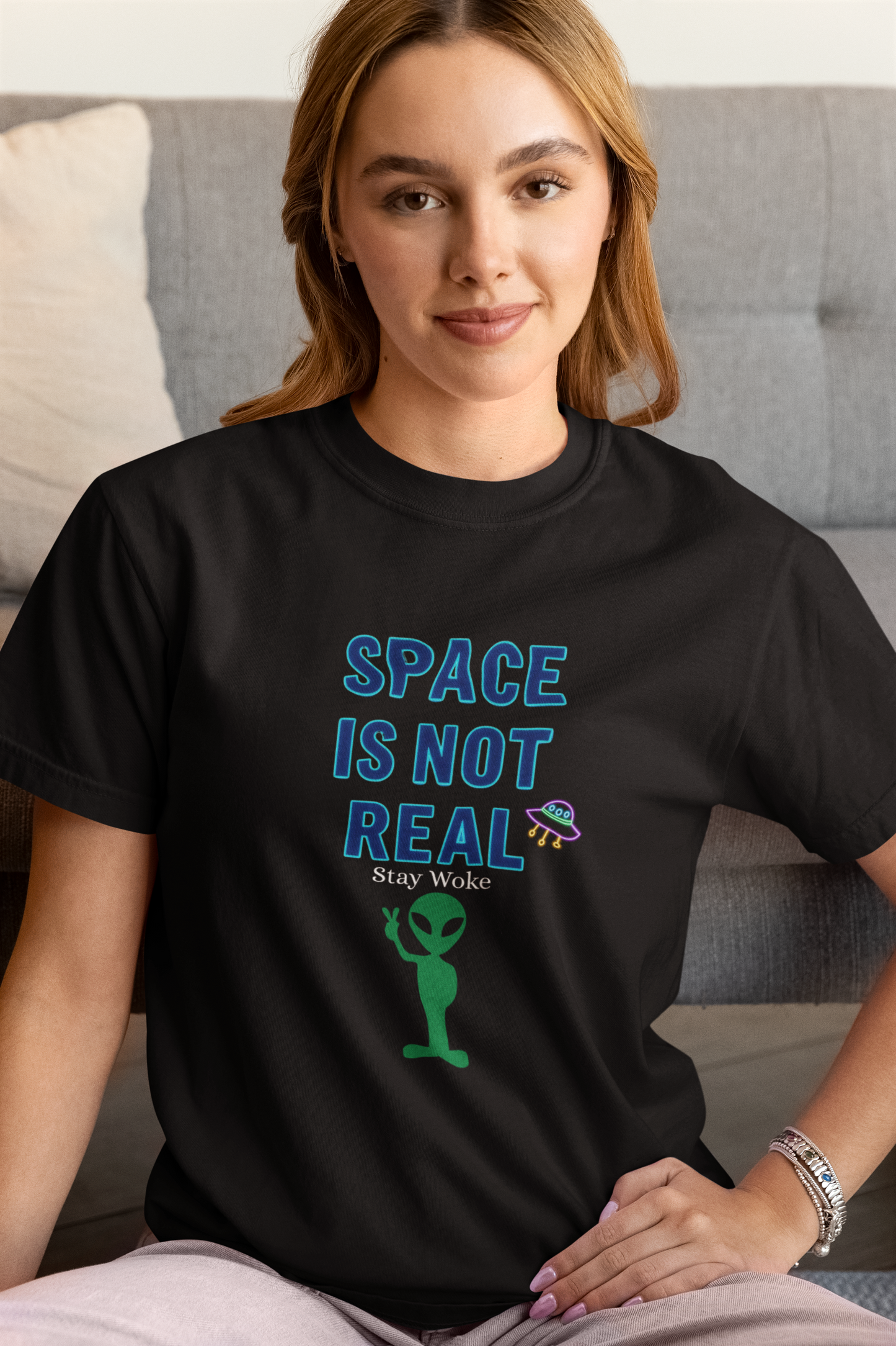 Funny Alien Graphic Tee - 'Space Is Not Real' Unisex Short Sleeve Shirt