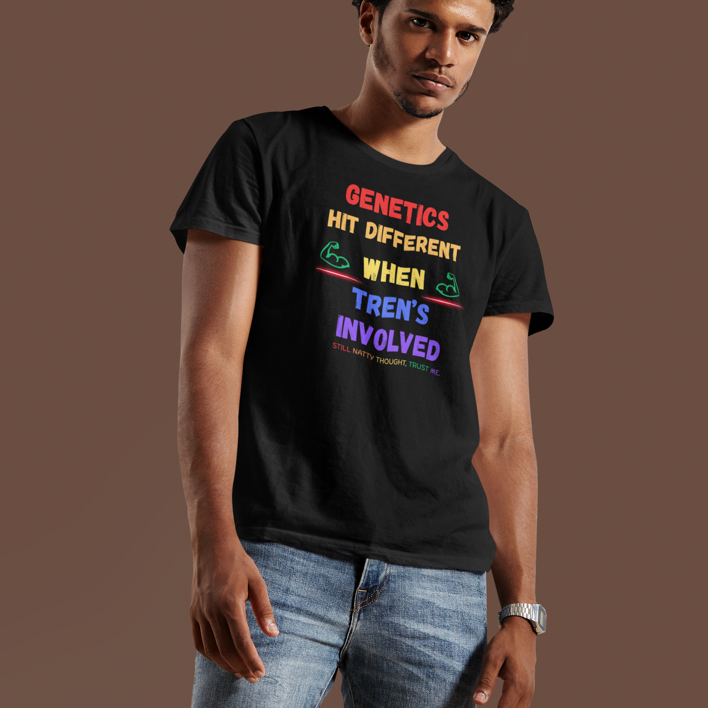 Funny Fitness Tee - 'Genetics Hit Different When Tren's Involved'