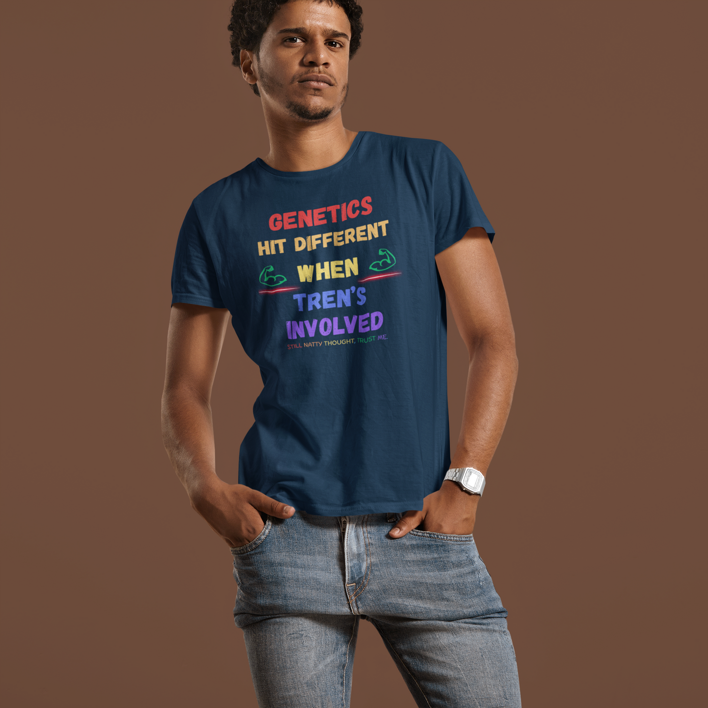Funny Fitness Tee - 'Genetics Hit Different When Tren's Involved'