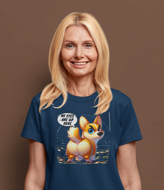 Distressed "My Eyes Are Up Here" Corgi T-Shirt | Funny Unisex Dog Lover Gift