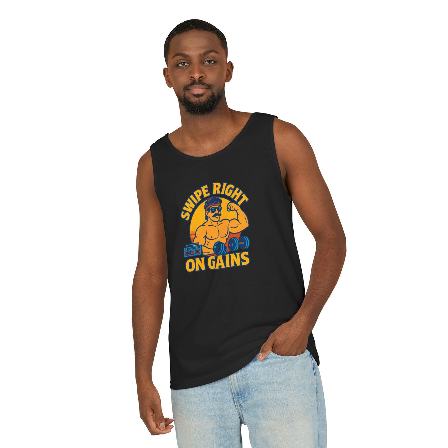 Swipe Right on Gains Tank Top | Funny Gym Shirt, Unisex Fitness Top, Summer Workout Gift