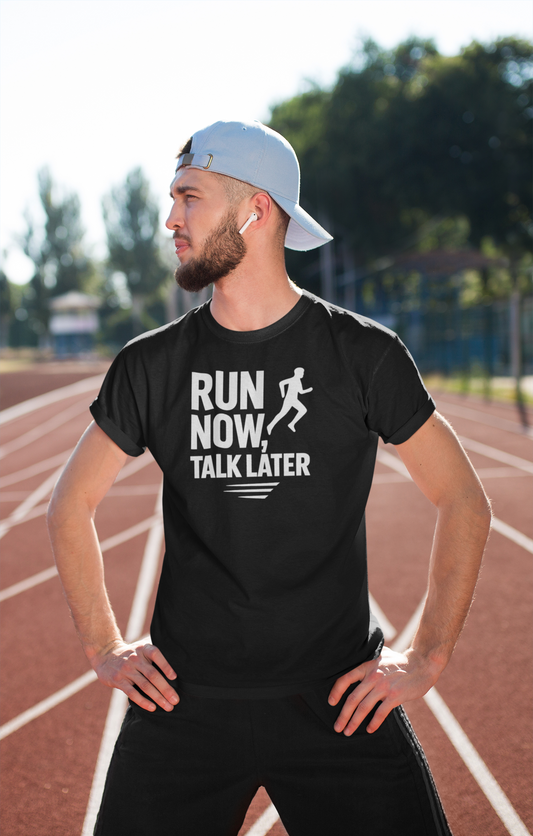 Run Now Talk Later Moisture Wicking Tee | Unisex Running Shirt, Funny Workout Gift