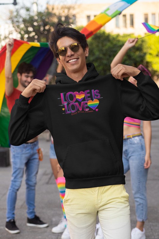 Pride Fleece Hoodie, Love is Love LGBTQ Apparel, Unisex Hoodie for Spring, Cozy Gift, Rainbow Heart Design, Warm Layer