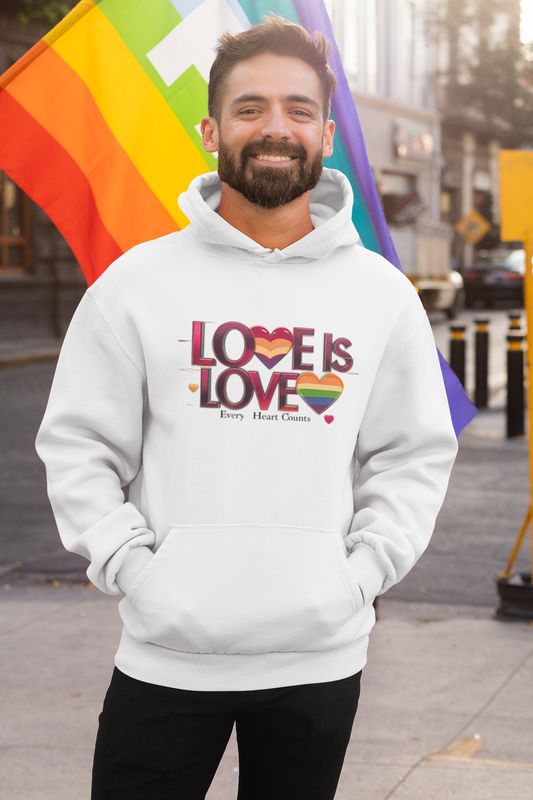 Love is Love Fleece Hoodie, Unisex LGBTQ Pride Apparel, Cozy Casual Wear, Gift for Him or Her, Rainbow Heart Design
