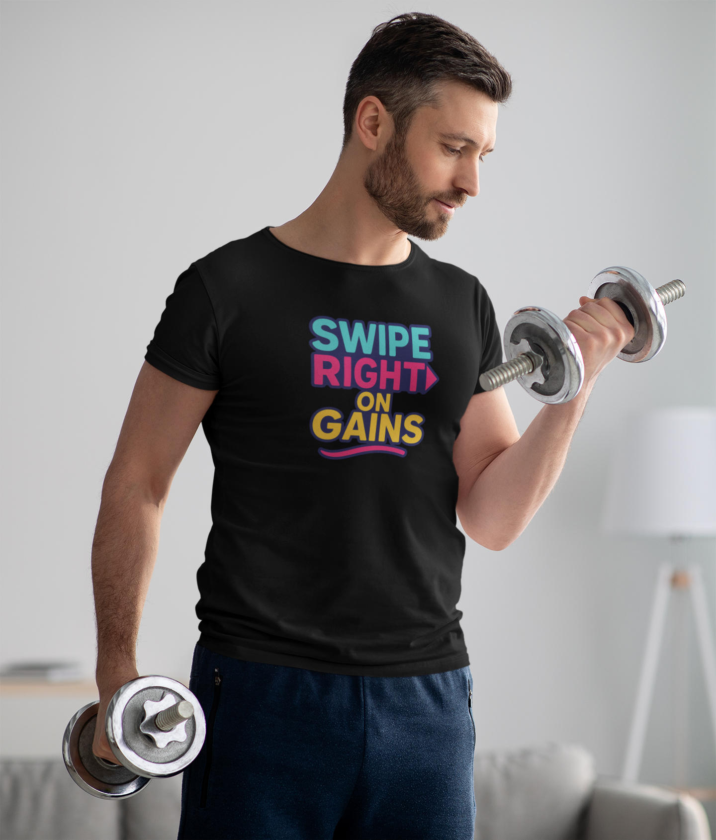 Swipe Right on Gains T-Shirt | Funny Gym Apparel, Unisex Workout Gift, Motivational Fitness Tee