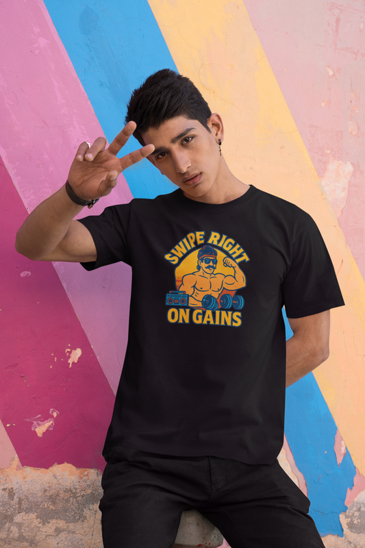 Swipe Right on Gains Gym Shirt | Funny Workout Tee & Fitness Humor Gift