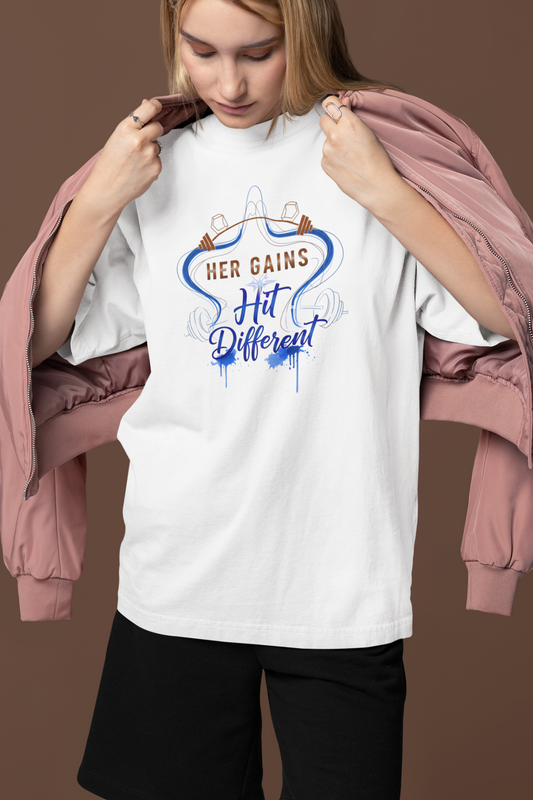 Her Gains Hit Different Boxy Gym Tee | Women's Workout Top & Motivational Apparel
