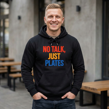 Adidas No Talk, Just Plates Hoodie - Unisex Fleece Sweatshirt for Food Lovers, Chef Gift, Casual Wear, Comfortable Fashion, Kitchen Humor