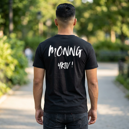 Back-Print Tee — Bold Brush Script "MONNG YKTU!" Casual Graphic T-Shirt