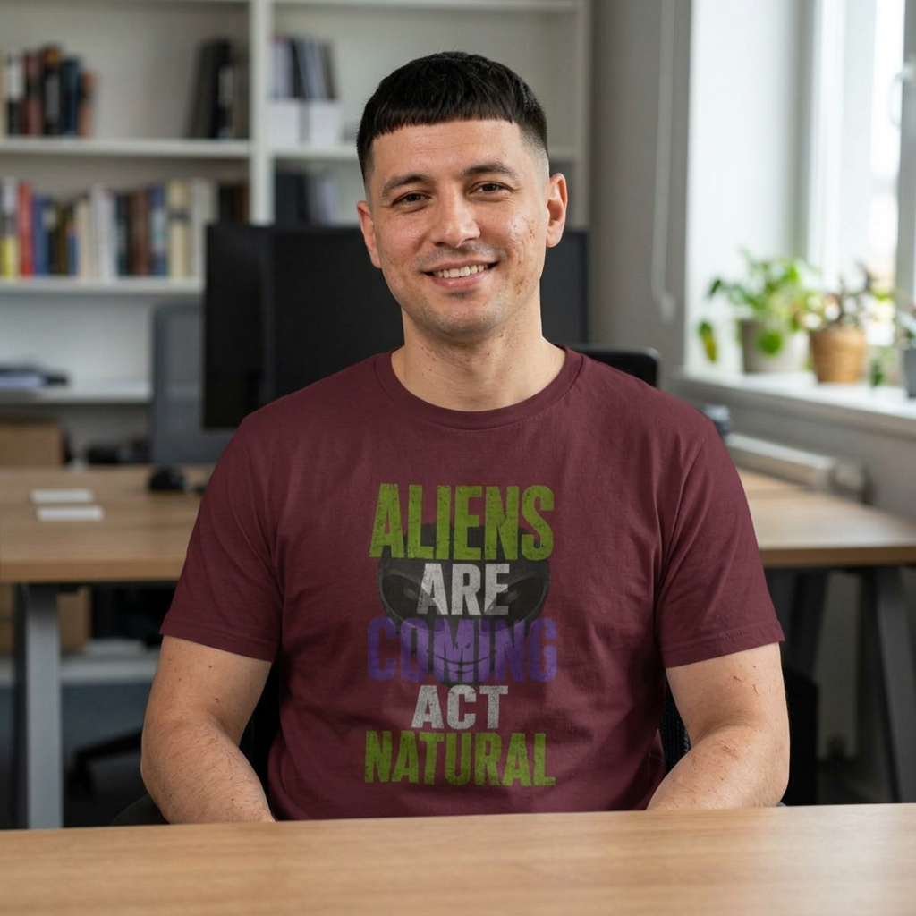 Aliens Are Coming Act Natural T-Shirt | Funny Alien UFO Graphic Tee