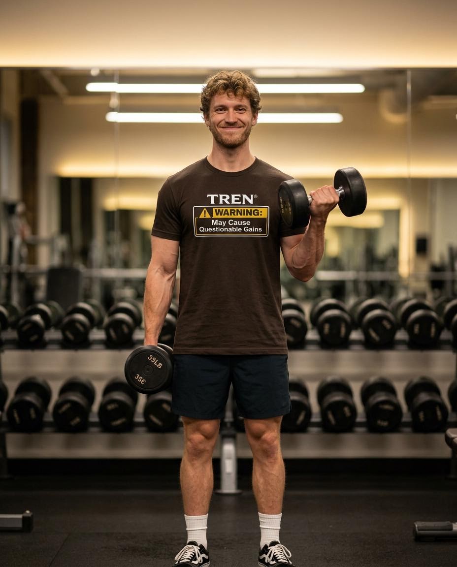 TREN® Warning May Cause Questionable Gains Gym T-Shirt | Funny Bodybuilding Tee