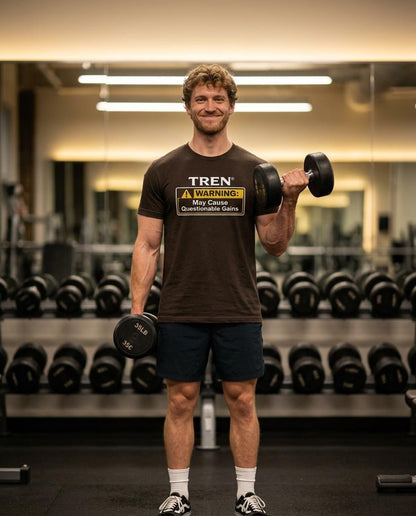 TREN® Warning May Cause Questionable Gains Gym T-Shirt | Funny Bodybuilding Tee