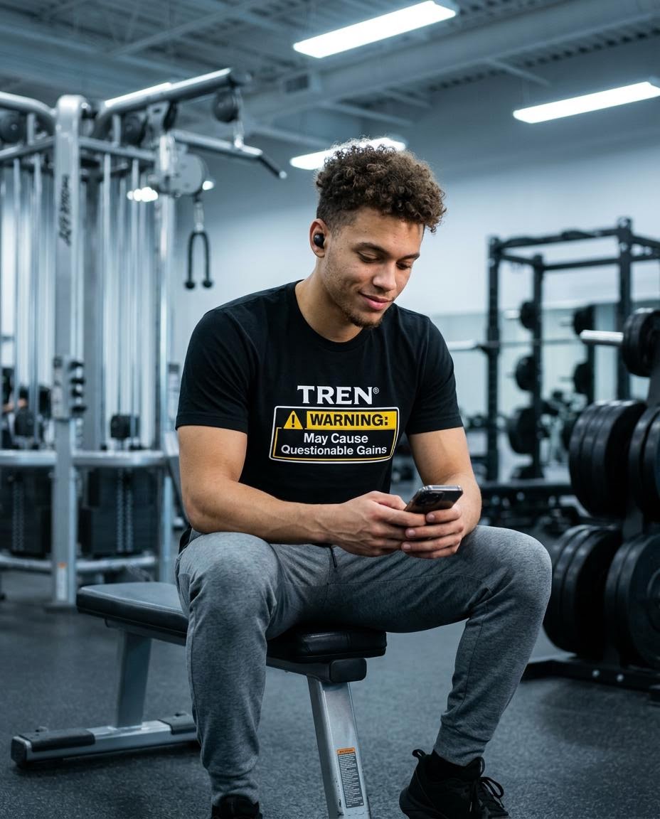 TREN® Warning May Cause Questionable Gains Gym T-Shirt | Funny Bodybuilding Tee