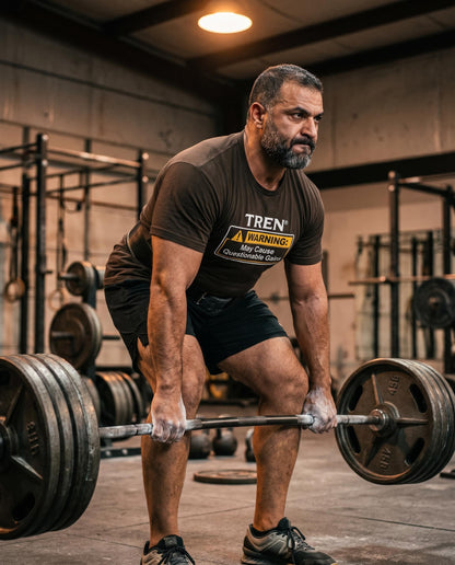 TREN® Warning May Cause Questionable Gains Gym T-Shirt | Funny Bodybuilding Tee