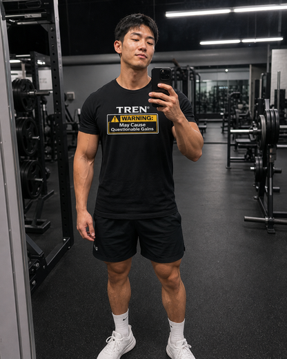 TREN® Warning May Cause Questionable Gains Gym T-Shirt | Funny Bodybuilding Tee