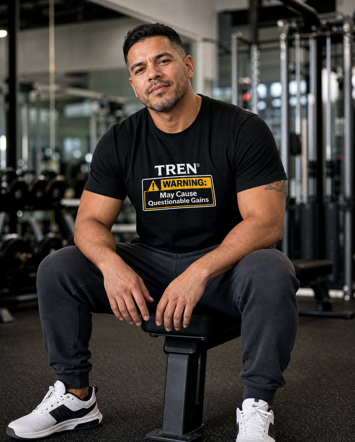 TREN® Warning May Cause Questionable Gains Gym T-Shirt | Funny Bodybuilding Tee