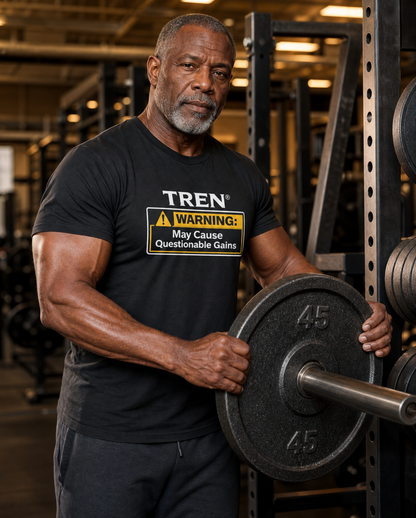 TREN® Warning May Cause Questionable Gains Gym T-Shirt | Funny Bodybuilding Tee