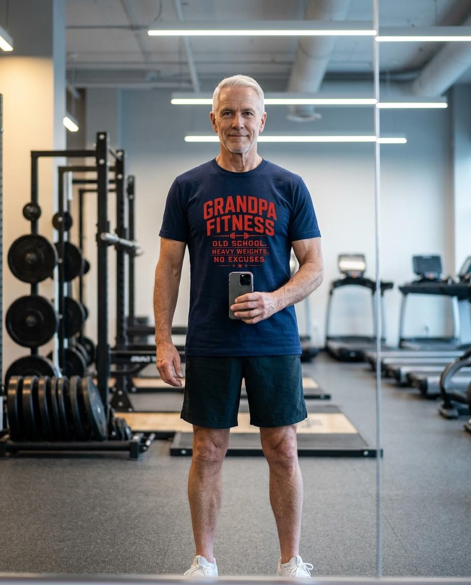 Grandpa Fitness Old School Heavy Weights No Excuses T-Shirt | Vintage Gym Workout Tee