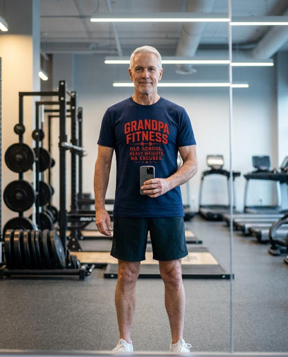Grandpa Fitness Old School Heavy Weights No Excuses T-Shirt | Vintage Gym Workout Tee