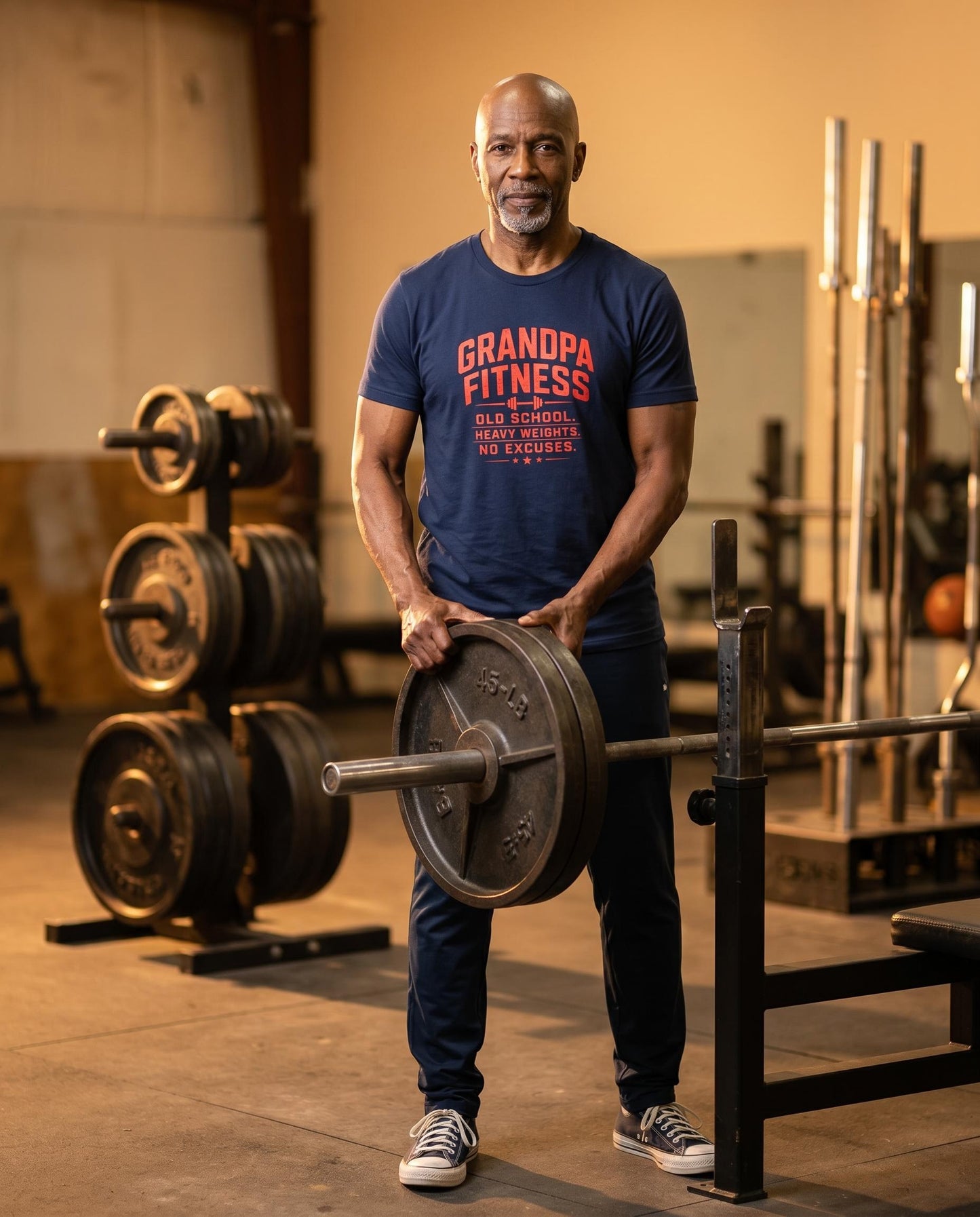 Grandpa Fitness Old School Heavy Weights No Excuses T-Shirt | Vintage Gym Workout Tee