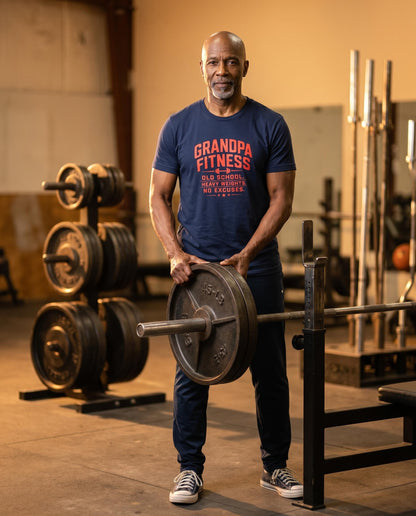 Grandpa Fitness Old School Heavy Weights No Excuses T-Shirt | Vintage Gym Workout Tee