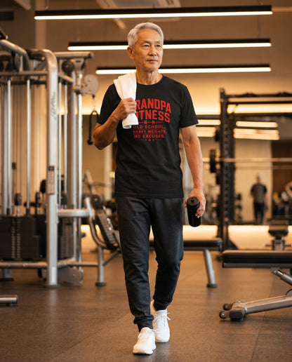Grandpa Fitness Old School Heavy Weights No Excuses T-Shirt | Vintage Gym Workout Tee