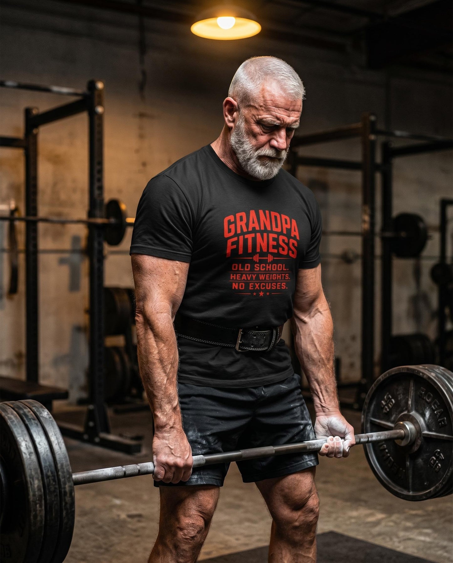 Grandpa Fitness Old School Heavy Weights No Excuses T-Shirt | Vintage Gym Workout Tee