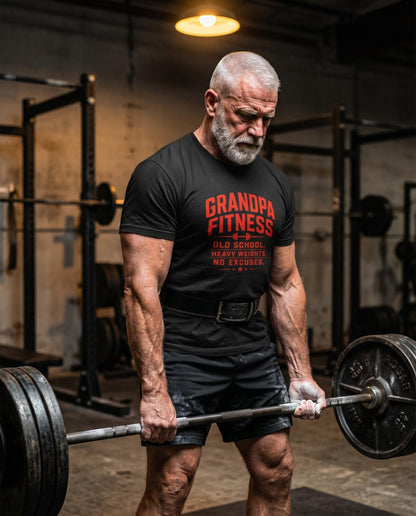 Grandpa Fitness Old School Heavy Weights No Excuses T-Shirt | Vintage Gym Workout Tee