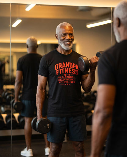 Grandpa Fitness Old School Heavy Weights No Excuses T-Shirt | Vintage Gym Workout Tee