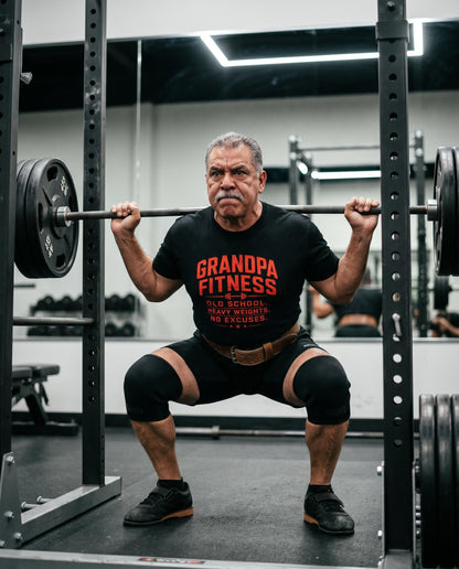 Grandpa Fitness Old School Heavy Weights No Excuses T-Shirt | Vintage Gym Workout Tee