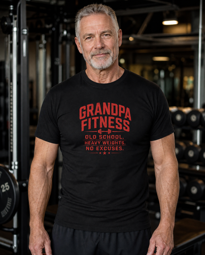 Grandpa Fitness Old School Heavy Weights No Excuses T-Shirt | Vintage Gym Workout Tee