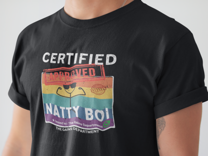 Certified Natty Boi White Font T-Shirt | Funny Fitness & Gym Gift