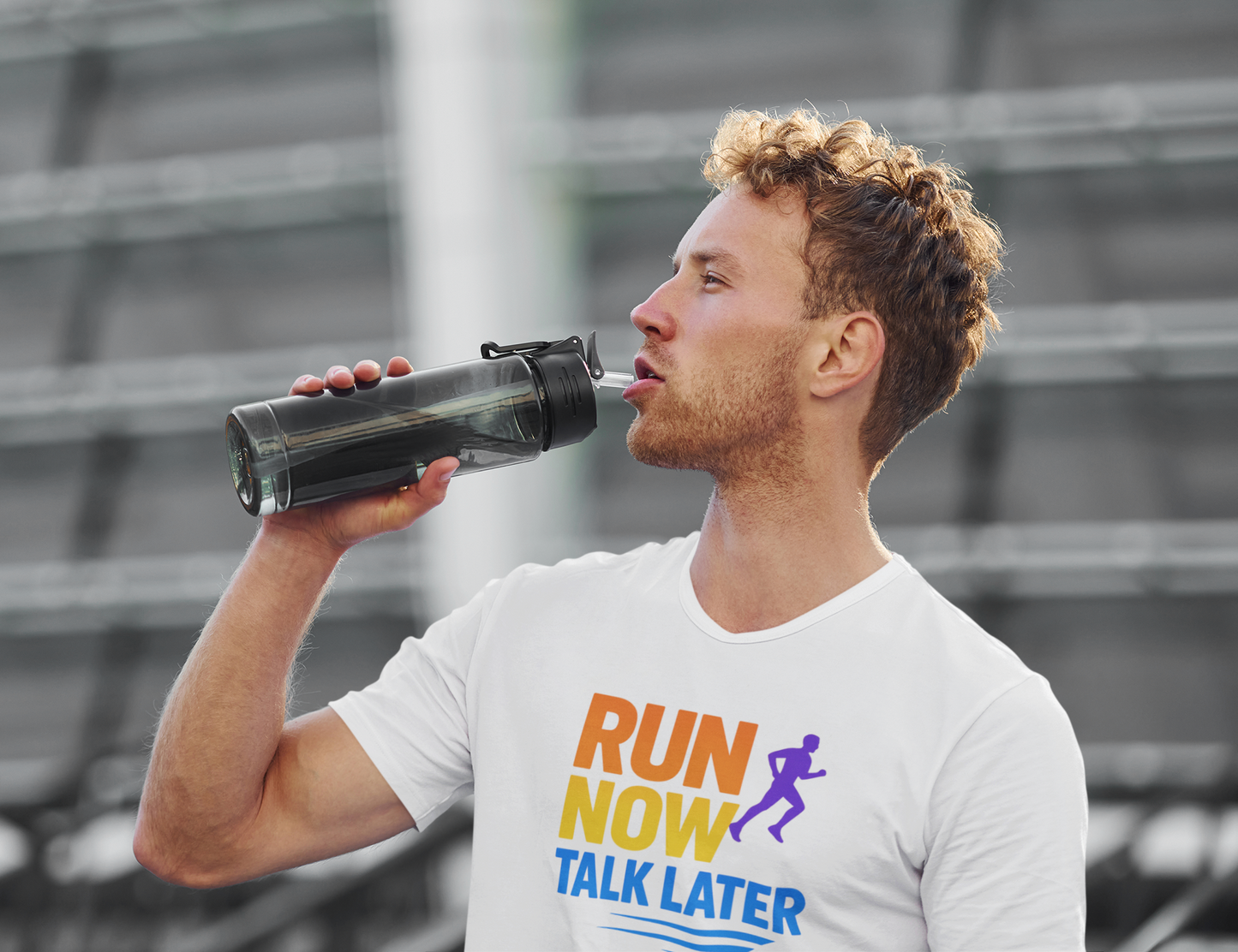 Run Now Talk Later T-Shirt | Funny Running Shirt, Unisex Moisture-Wicking Workout Tee