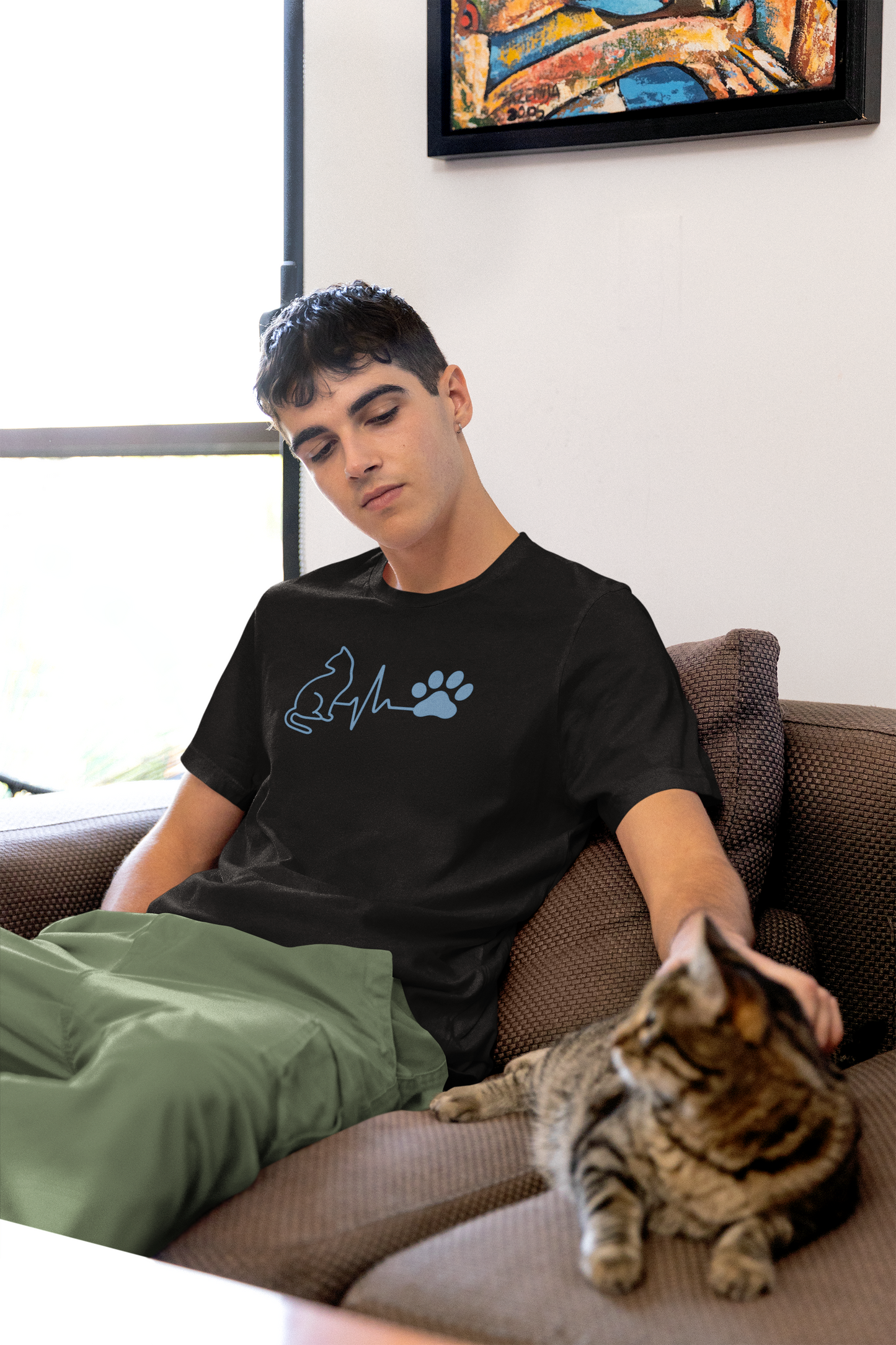 Cat Paw Print T-Shirt | Pet Lover Heartbeat Graphic Tee & Cat Mom/Dad Gift