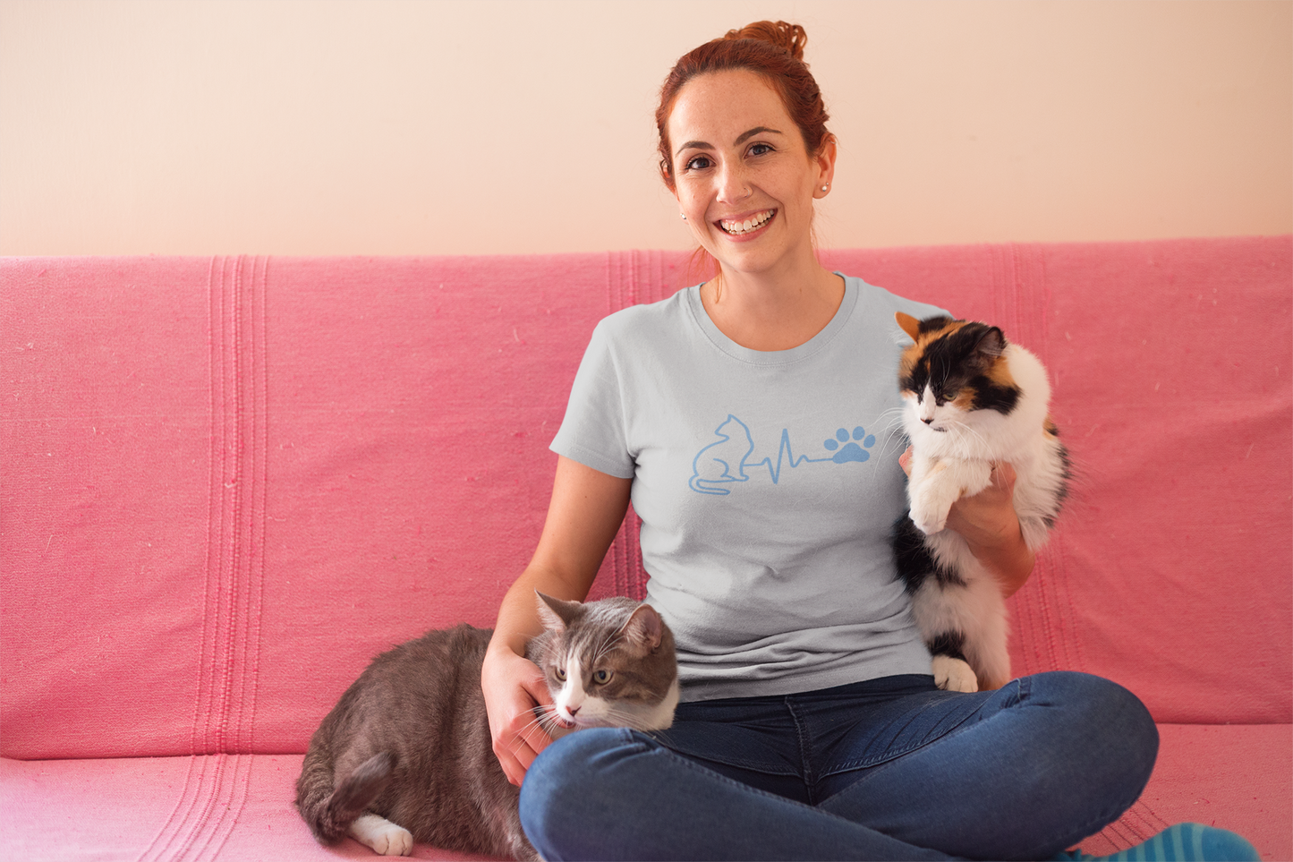 Cat & Dog Heartbeat T-Shirt | Women's Animal Lover Tee, Funny Pet Owner Gift