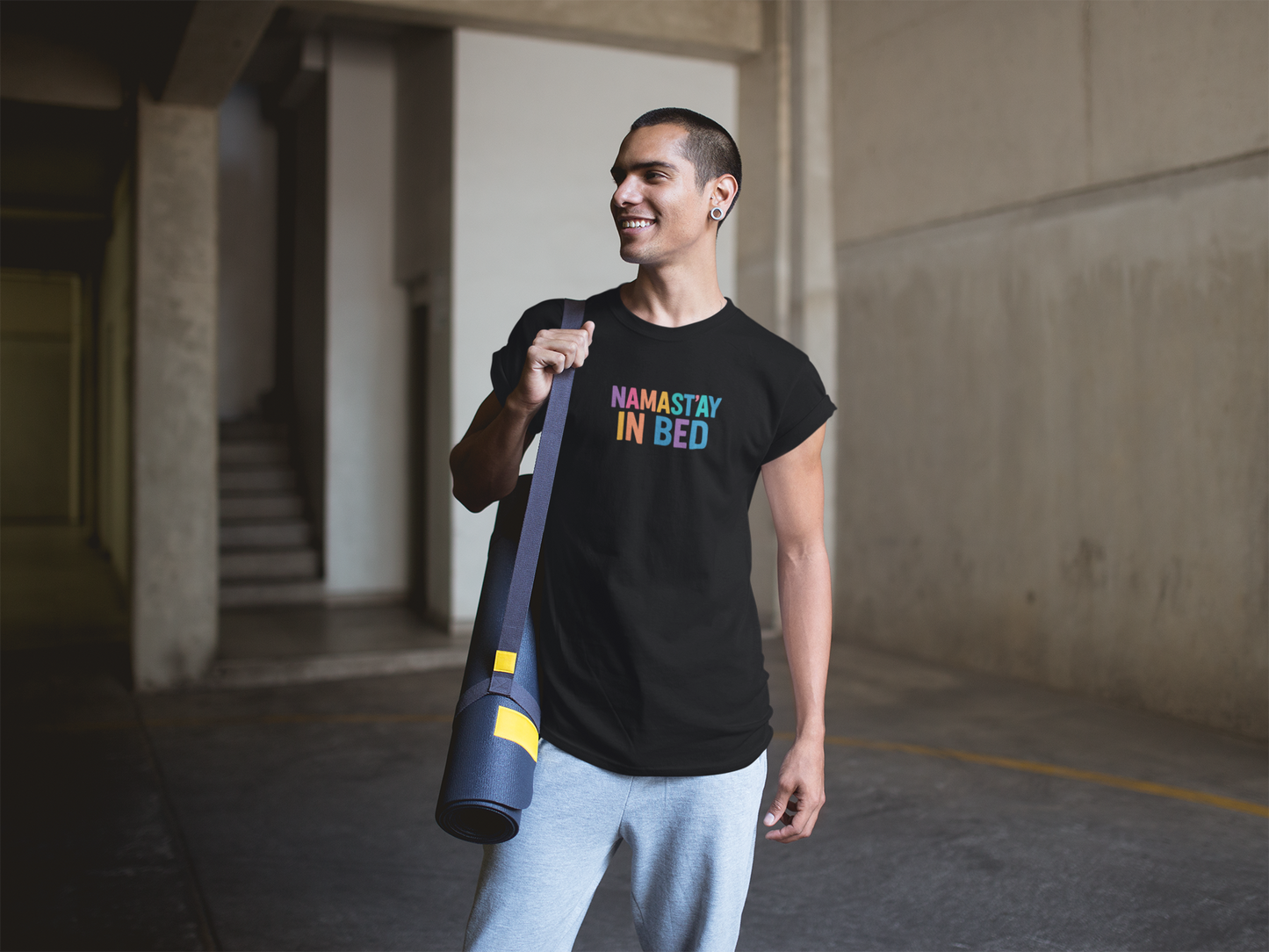 Colorful Humor Tee: "NamaSTAY In Bed" Funny Sleep Shirt