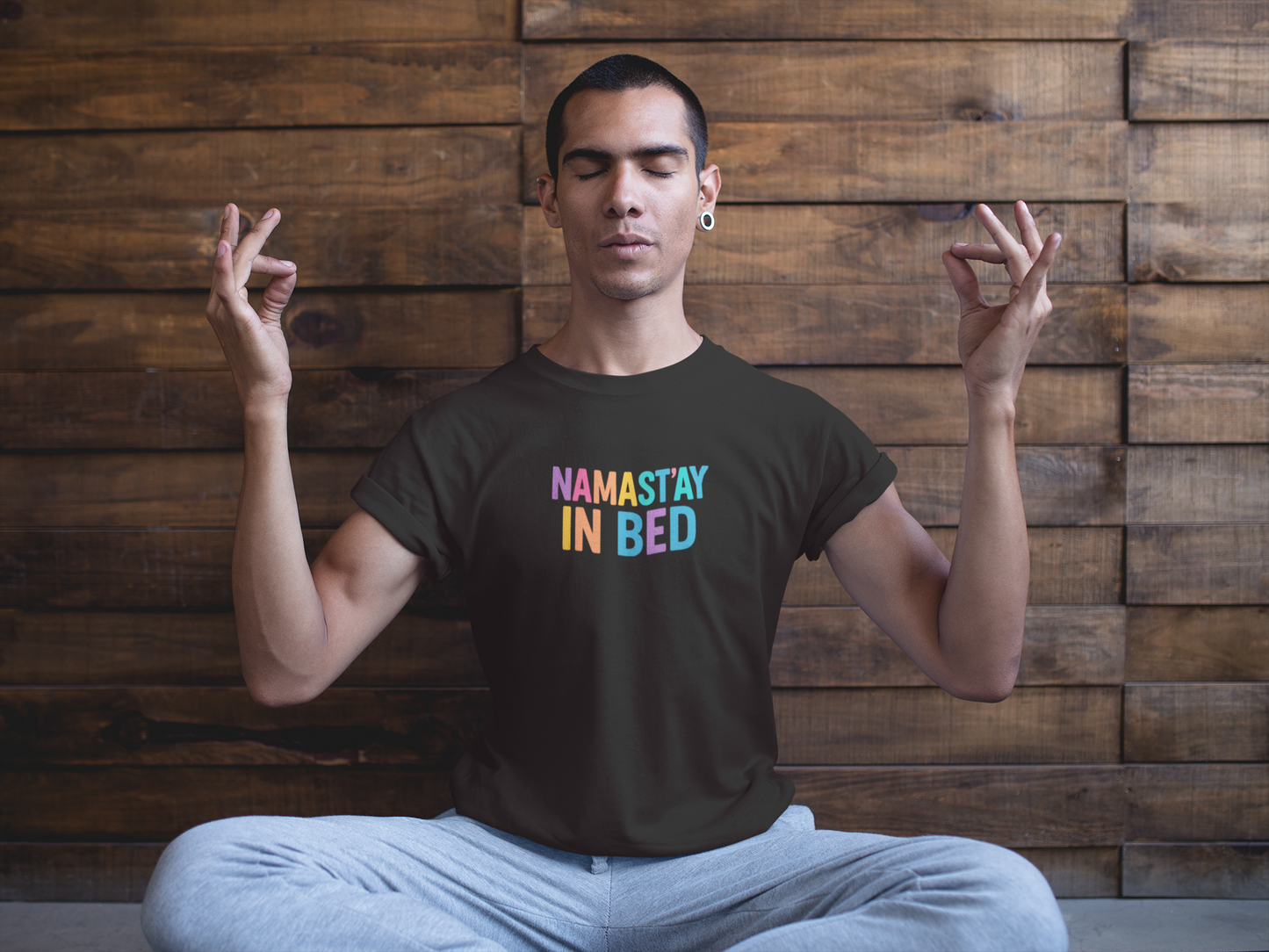 Colorful Humor Tee: "NamaSTAY In Bed" Funny Sleep Shirt