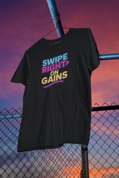Swipe Right on Gains T-Shirt | Funny Gym Apparel, Unisex Workout Gift, Motivational Fitness Tee