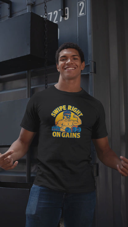 Fitness Humor Tee, Gym Shirt, Workout Gift, Funny Exercise T-Shirt, Swipe Right on Gains Apparel